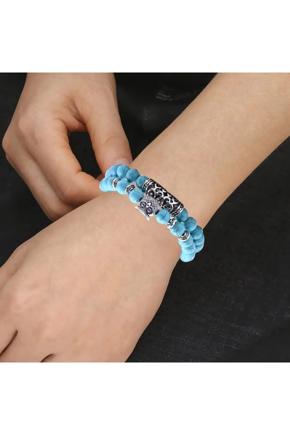 Owl Shape Bracelet Natural Stone Jewelry Set Handmade Adjustable Unique Design for Men Women 2PCS
