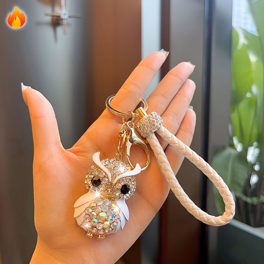 Owl-Shaped Alloy & Rhinestone Car Keychain, White Braided Rope Sparkling Charm for Keys, Bags & Wallets, Lucky Birthday Gift