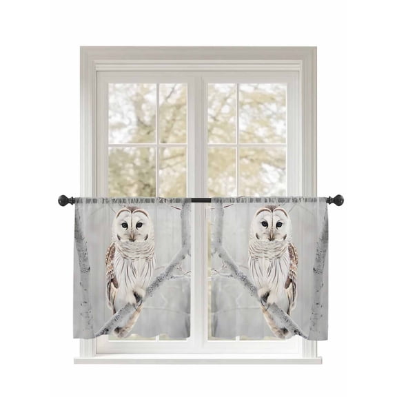 Owl Sheer Curtains 2 Panels Set Cute White Owl Perch On Tree Branch Snow Forest Lihgt Filtering Rod Pocket Voile Drape, Semi Sheer Window Curtains for Bedroom Living Room, 52"x45"