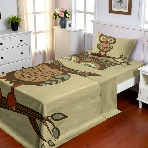 Ambesonne Retro Fitted & Top Sheet Set with Sham, Owl Sitting on Branch, Brown Cream Teal