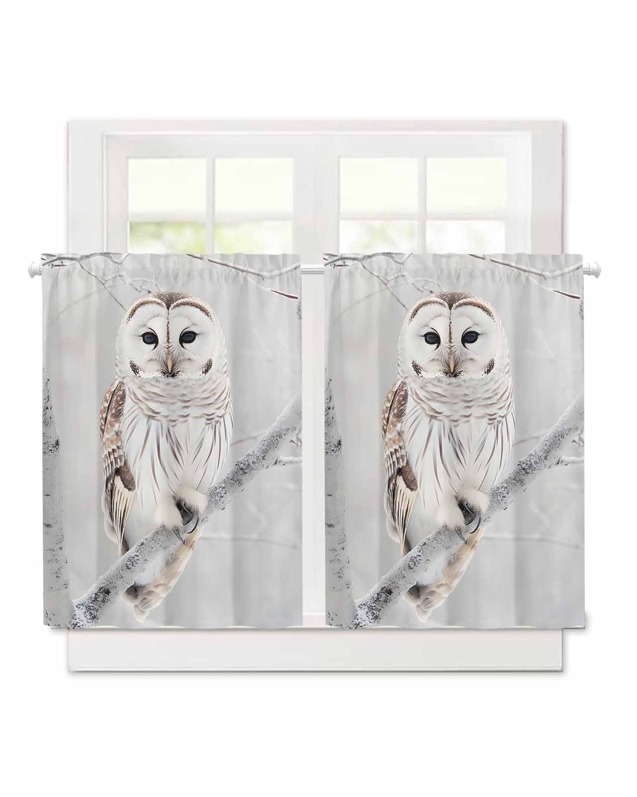 Owl Short Blackout Curtains 45 Inch Long Cute White Owl Perch On Tree ...