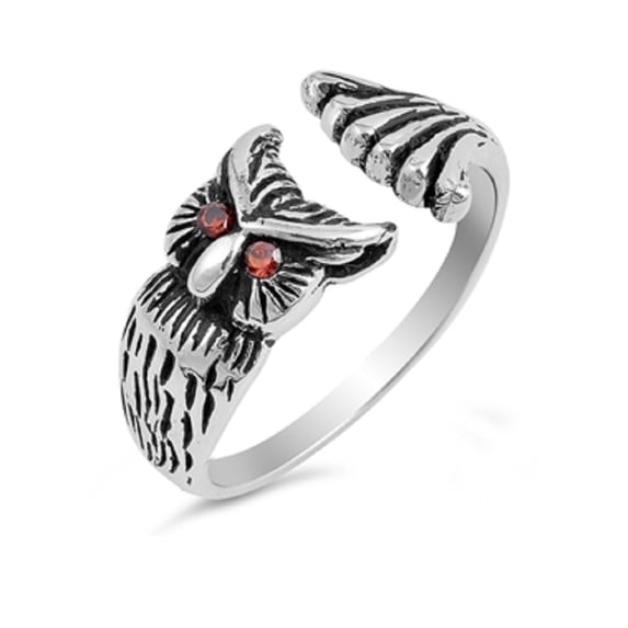 Owl Simulated Garnet Cubic Zirconia Designer Ring Sterling Silver 925