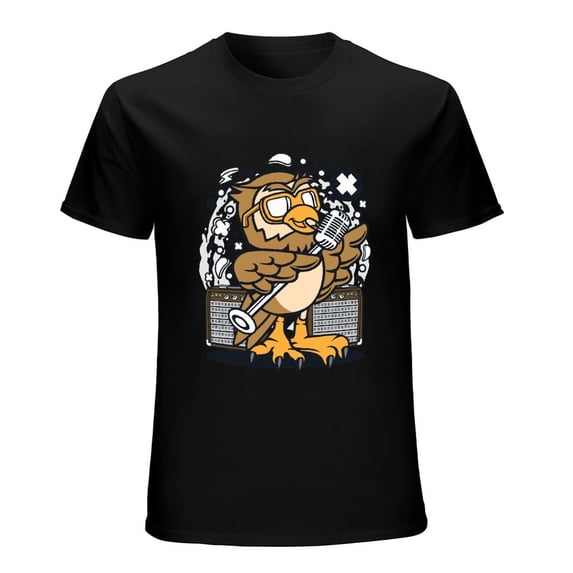 Owl Singer Vintage T-shirt Mens Cotton Classic Crewneck Short Sleeve Tees Unisex Black 2XL
