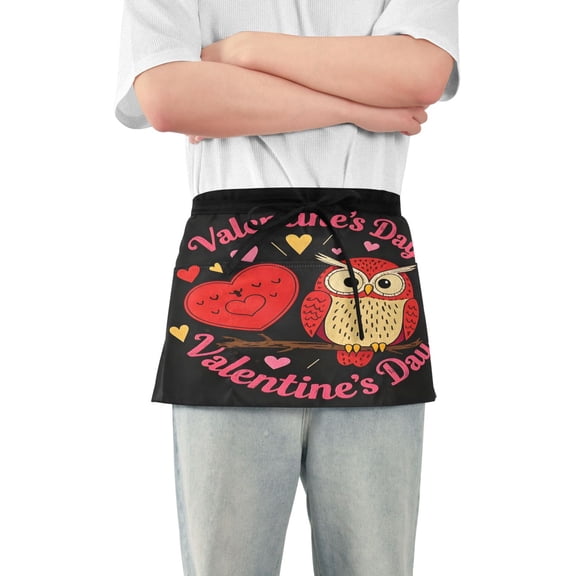Owl Sit on Branch with Heart Server Apron with 3 Pockets Waterproof Waitress Waist Short Apron for Man Woman 12 Inches
