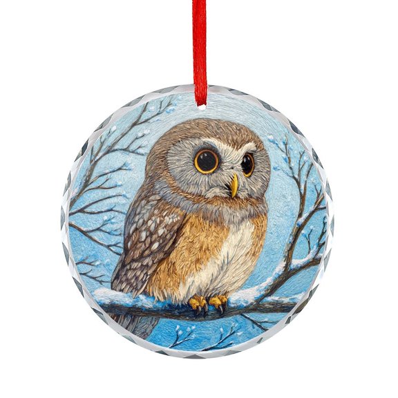 Owl Sitting on A Tree Branch in A Winter Scene-3 Ornament Round Glass Christmas Ornaments Unique Home Decor