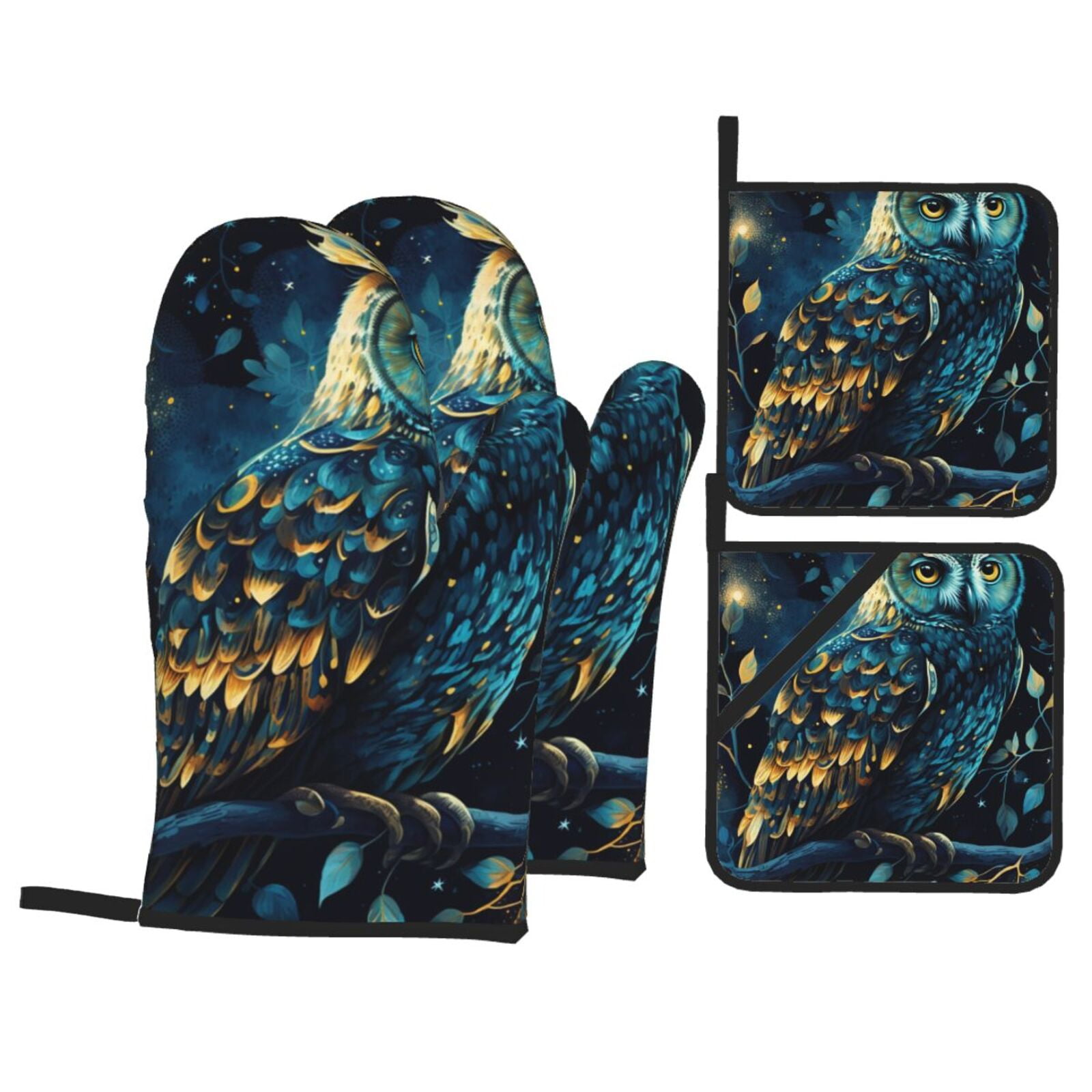 Owl Sky Tree Art 4Pcs Oven Mitts and Pot Holders Sets Oven Kitchen Gloves Hot Pads for Cooking BBQ Baking Grilling