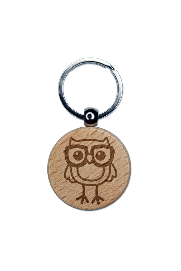 Owl Smart with Glasses Round Keychain Charm Tag - Engraved Wood