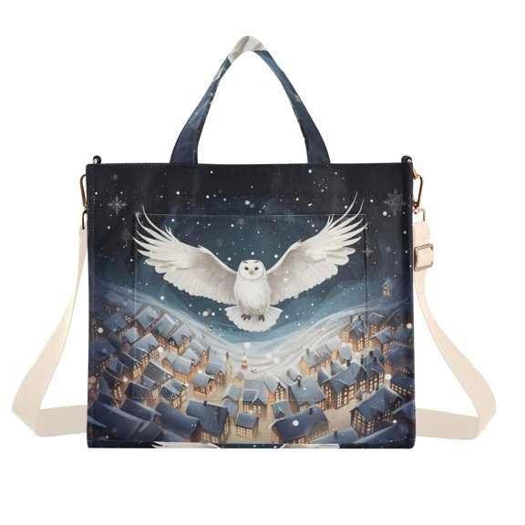 Owl Snowy Night Houses Corduroy Tote Bag Handbag Large Messenger Bag Shoulder Crossbody Zipper Bag Purse