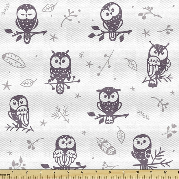 Ambesonne Animal Fabric by the Yard Upholstery, Owls on the Branch, 1 Yard, Eggplant and White