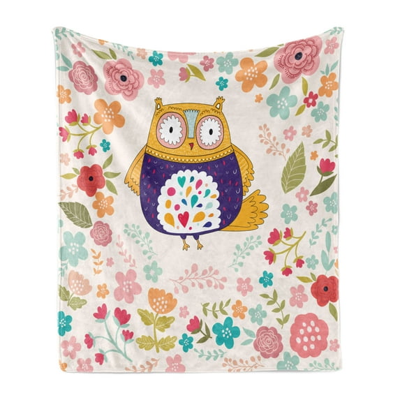 Owl Soft Flannel Fleece Blanket, Colorful Bird and Blooming Flowers Ornamental Doodles with Vintage Design Inspirations, Cozy Plush for Indoor and Outdoor Use, 50" x 70", Multicolor, by Ambesonne