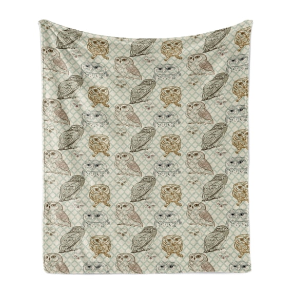 Owl Soft Flannel Fleece Blanket, Cool Looking Owls Different Shapes and Sizes Drawing Style Sketch Pattern Print, Cozy Plush for Indoor and Outdoor Use, 70" x 90", Brown Reseda Green, by Ambesonne