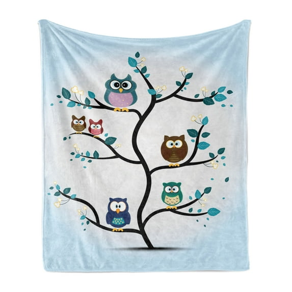 Owl Soft Flannel Fleece Blanket, Owl Family Perched a Tree Love Grace Nocturnal Eyed Night Animals in the Nature Print, Cozy Plush for Indoor and Outdoor Use, 60" x 80", Multicolor, by Ambesonne