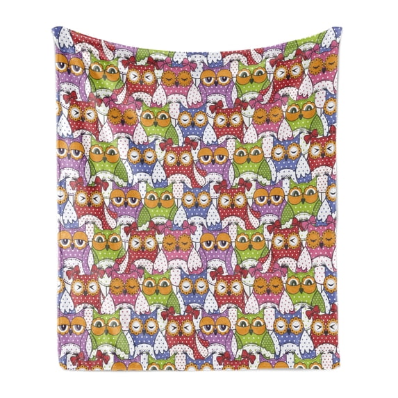 Owl Soft Flannel Fleece Blanket, Ornate Owl Crowd with Different Sights Polka Dots Like Matryoshka Dolls Fun Retro Theme, Cozy Plush for Indoor and Outdoor Use, 60" x 80", Multicolor, by Ambesonne
