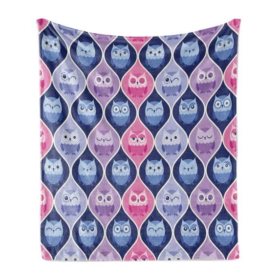Owl Soft Flannel Fleece Blanket, Tired Eyes Closed Sleeping Owls Silent Flight Kids Vertical Design Illustration, Cozy Plush for Indoor and Outdoor Use, 70" x 90", Pink Purple Blue, by Ambesonne