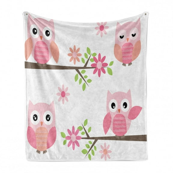 Owl Soft Flannel Fleece Throw Blanket, Baby Owls Waving in the Floral Tree Springtime Girly Design Print, Cozy Plush for Indoor and Outdoor Use, 70" x 90", Pink Green White, by Ambesonne