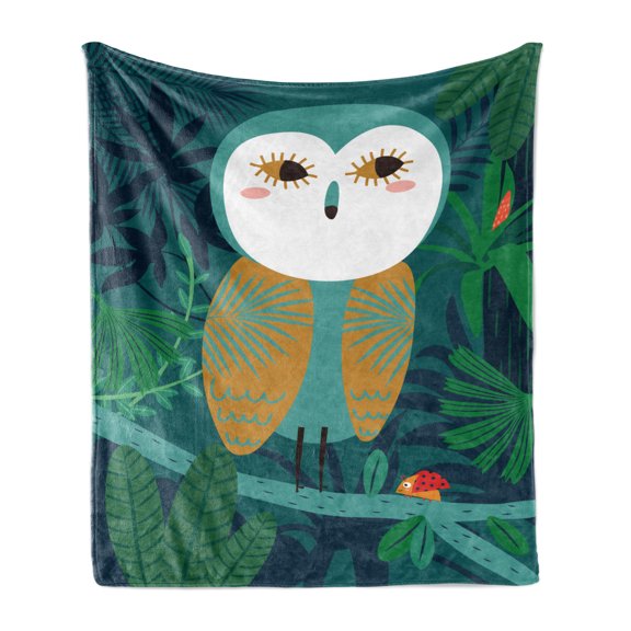 Owl Soft Flannel Fleece Throw Blanket, Big Eyed Forest Animal on a Tree Branch with Ladybugs, Cozy Plush for Indoor and Outdoor Use, 50" x 70", Teal Multicolor, by Ambesonne