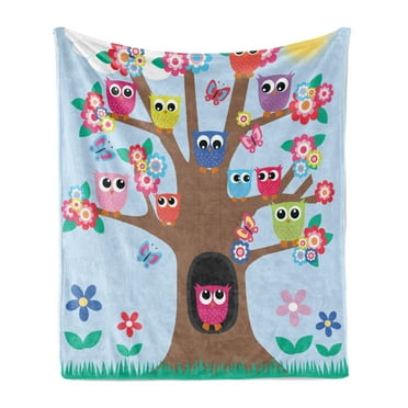 Owl Soft Flannel Fleece Throw Blanket, Cartoon Birds and Butterflies on a Tree Nursery Style Composition Kids Illustration, Cozy Plush for Indoor and Outdoor Use, 50" x 70", Multicolor, by Ambesonne