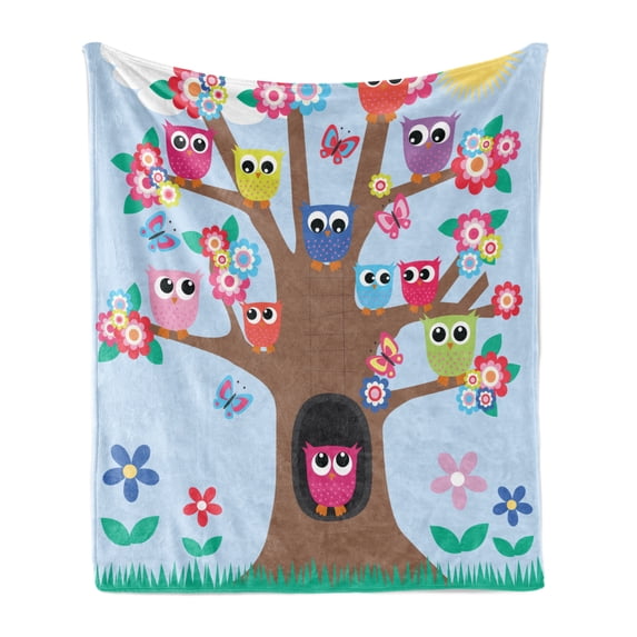 Owl Soft Flannel Fleece Throw Blanket, Cartoon Birds and Butterflies on a Tree Nursery Style Composition Kids Illustration, Cozy Plush for Indoor and Outdoor Use, 50" x 70", Multicolor, by Ambesonne