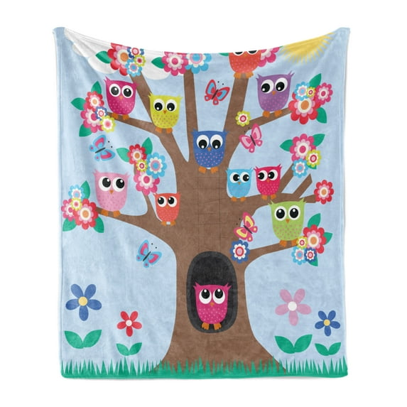 Owl Soft Flannel Fleece Throw Blanket, Cartoon Birds and Butterflies on a Tree Nursery Style Composition Kids Illustration, Cozy Plush for Indoor and Outdoor Use, 70" x 90", Multicolor, by Ambesonne