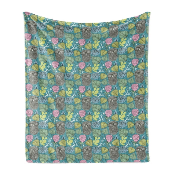Owl Soft Flannel Fleece Throw Blanket, Continuous Print of Wise Bird with Glasses Hipster Animal Ornaments, Cozy Plush for Indoor and Outdoor Use, 50" x 60", Dark Seafoam Multicolor, by Ambesonne