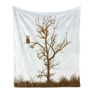 Owl Soft Flannel Fleece Throw Blanket, Cross-eyed Owl on Autumn Tree Branch Solitary Nocturnal Bird Print, Cozy Plush for Indoor and Outdoor Use, 50" x 70", Chocolate Baby Blue, by Ambesonne