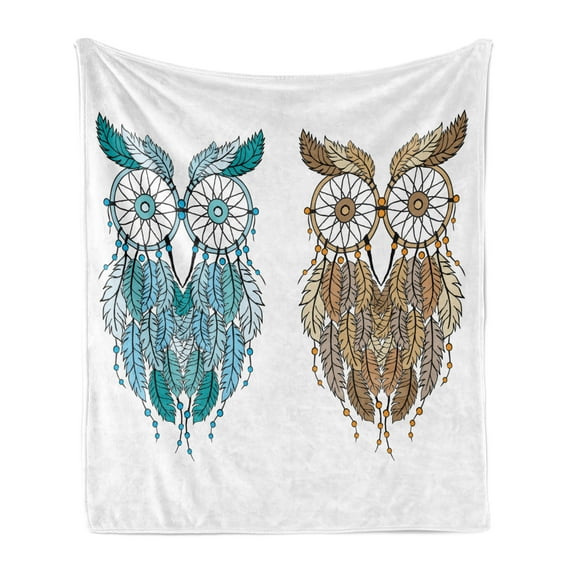 Owl Soft Flannel Fleece Throw Blanket, Dreamcatcher Style Owl Features Magic Farsighted Birds Print, Cozy Plush for Indoor and Outdoor Use, 50" x 70", Cream White Teal, by Ambesonne