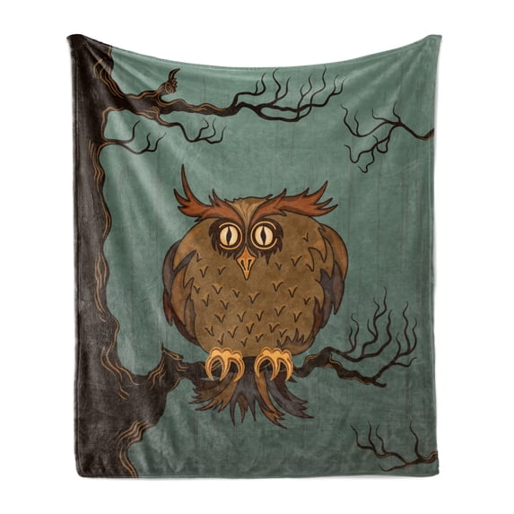 Owl Soft Flannel Fleece Throw Blanket, Exhausted Hangover Tired Owl in Oak Tree with Eyebrows Nature Cartoon Funny Artwork, Cozy Plush for Indoor and Outdoor Use, 60" x 80", Blue Brown, by Ambesonne