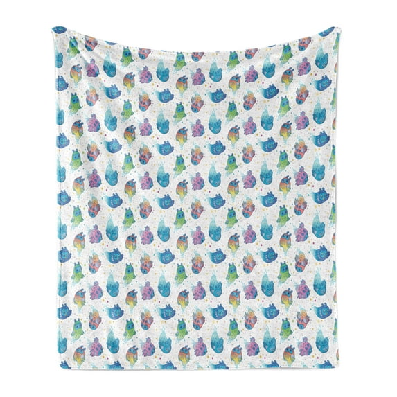 Owl Soft Flannel Fleece Throw Blanket, Fantasy World Themed Ghost Creatures with Colorful Dots and Stars, Cozy Plush for Indoor and Outdoor Use, 70" x 90", Deep Sky Blue Multicolor, by Ambesonne