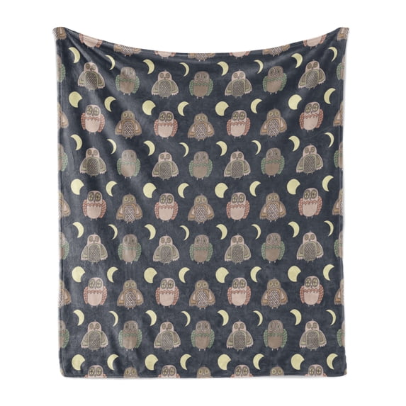 Owl Soft Flannel Fleece Throw Blanket, Night Creatures with Moon Phases Forest Nocturnal Animal in Doodle Ornamental Nature, Cozy Plush for Indoor and Outdoor Use, 70" x 90", Multicolor, by Ambesonne