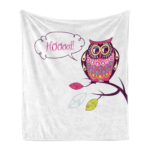 Owl Soft Flannel Fleece Throw Blanket, Ornate Colorful Owl on the Branch Observing Flat Face Myst Animal Image, Cozy Plush for Indoor and Outdoor Use, 50" x 60", Pink Purple White, by Ambesonne