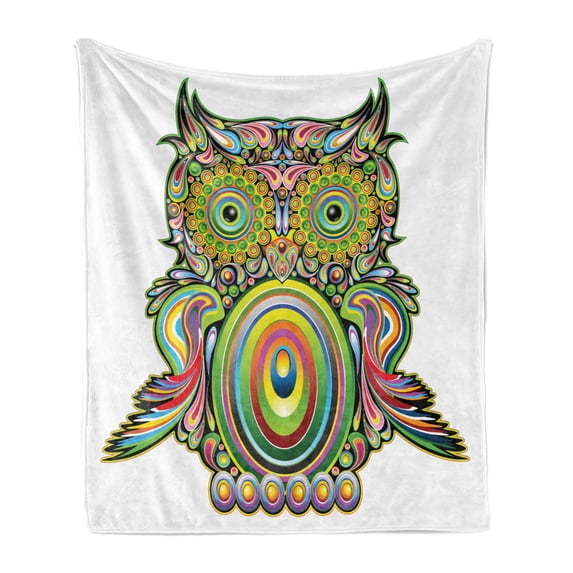 Owl Soft Flannel Fleece Throw Blanket, Ornate Colorful Owl Elements Eye Feather of Universe Psychedelic Artwork, Cozy Plush for Indoor and Outdoor Use, 70" x 90", Multicolor, by Ambesonne