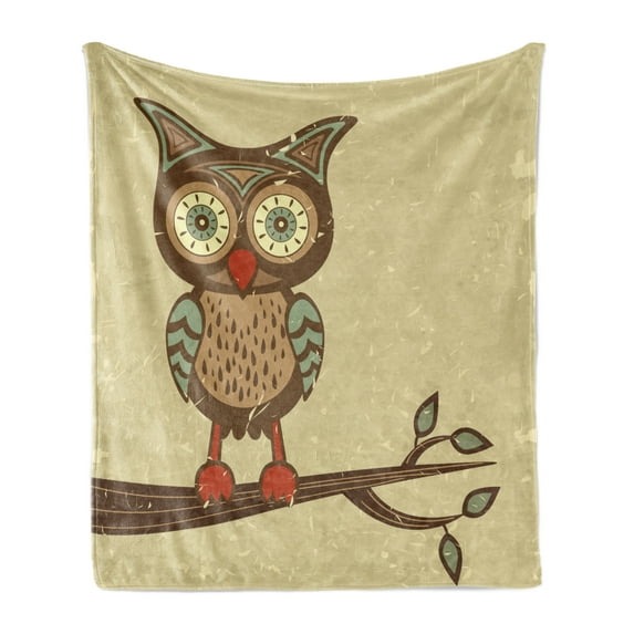 Owl Soft Flannel Fleece Throw Blanket, Owl Sitting on Branch Eyesight Animal Humor Pastel Retro Modern Graphic, Cozy Plush for Indoor and Outdoor Use, 50" x 70", Brown Cream Teal, by Ambesonne