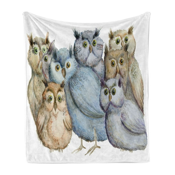 Owl Soft Flannel Fleece Throw Blanket, Watercolor Hand Drawn Owl Family Portrait Vintage Bohemian Wildlife Birds, Cozy Plush for Indoor and Outdoor Use, 60" x 80", Multicolor, by Ambesonne