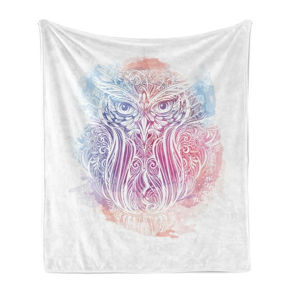 Owl Soft Flannel Fleece Throw Blanket, Woodland Bird Design Floral Motifs Boho Culture, Cozy Plush for Indoor and Outdoor Use, 60" x 80", Pale Azure Blue Peach, by Ambesonne