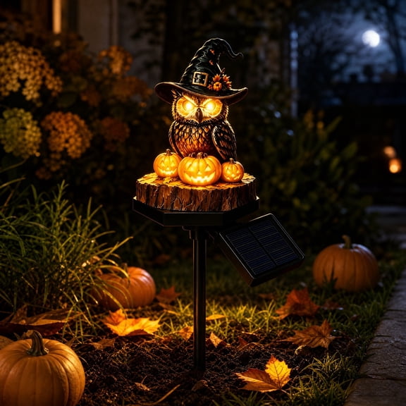Owl Solar Ground Stake Light, Halloween Witch Hat Owl Stake Light Jack O Lanterns Decor Weatherproof Resin Decor for Front Walkway Lawn Fall Backyard Garden
