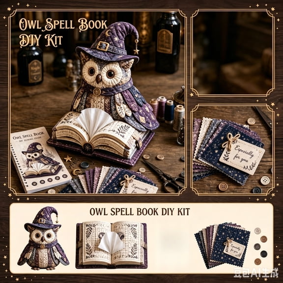 Owl Spell Book Quilted Tissue Box DIY Sewing Kit, Witch Wizard Themed Craft Tissue Holder Making Set,Creative Gift for Craft and Witchy Decor Lovers