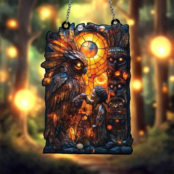 Owl Spirit Guardian Suncatcher, Acrylic Hanging Art with Boy in Forest Glow, Tribal Totem and Sunlight Fantasy Decor for Nature Lovers