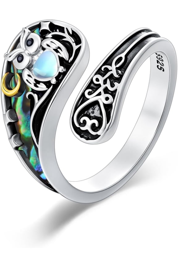 Owl Spoon Rings for Women 925 Sterling Silver Abalone Shell Unique Rings Adjustable Owl Moonstone Rings Open Spoon Thumb Rings Owl Jewelry for Women Men Birthday Christmas Gifts