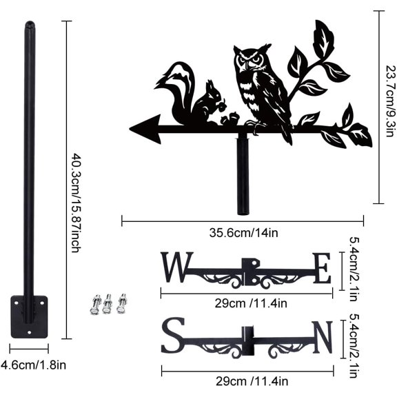 Owl Squirrel Weather Vane Metal Wind Direction Indicator Measuring Instrument Roof Installation Weathervane for Outdoor Garden Farm Backyard Gazebo Barn Art Decoration Black