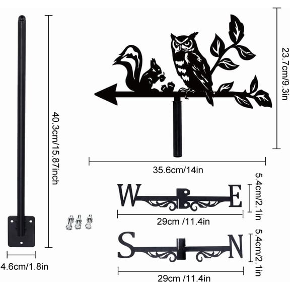 Owl Squirrel Weather Vane Metal Wind Direction Indicator Measuring Instrument Roof Installation Weathervane for Outdoor Garden Farm Backyard Gazebo Barn Art Decoration Black