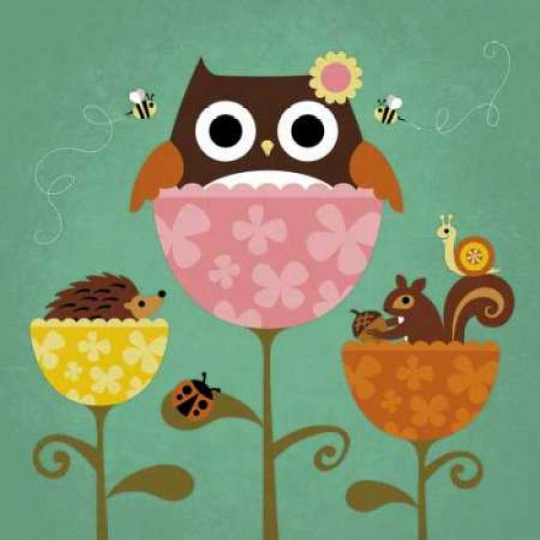 Owl Squirrel and Hedgehog in Flowers Canvas Art - Nancy Lee (24 x 24)