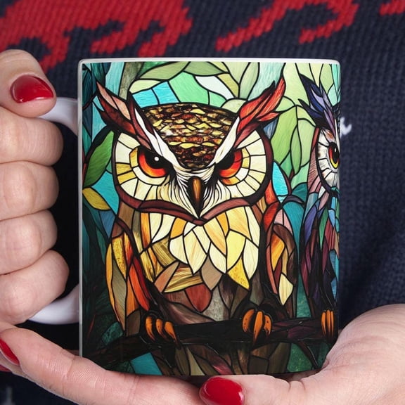 Owl Stained Glass Style Effect Mug Cup for Bird Enthusiast Decorative Owl Coffee Mug Gift Artistic Gift for Nature Lover Cool Owl Lover Gift