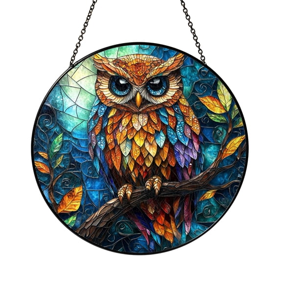 Owl Stained Glass Style Suncatcher Window Hanging Decor, Colorful Night Owl Bird Decorative Panel Art for Window Decoration Woodland Wildlife Home Decor Gift