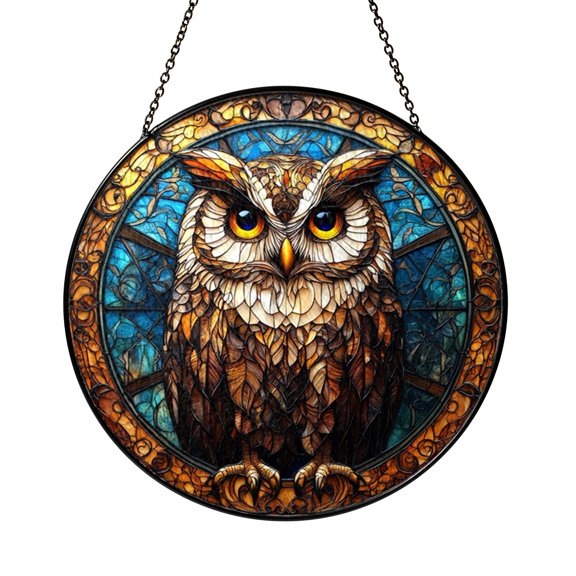 Owl Stained Glass Suncatcher – Blue and Gold Nocturnal Window Art