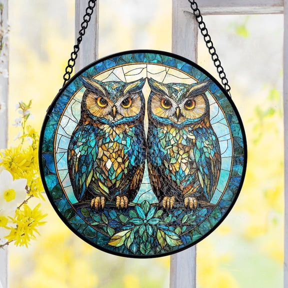 Owl Stained Glass Suncatcher, Double Owl Window Decor, Blue Forest Wildlife Style Art, Gift for Bird Lovers and Nature Inspired Home Accents