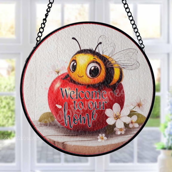 Bumblebee Welcome Home Stained Glass Suncatcher Metal Outdoor Decor Cute Cartoon Yellow Red