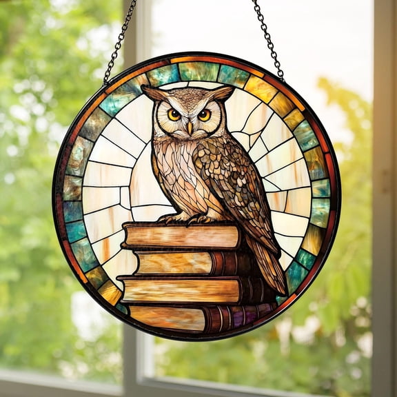 Owl Stained Glass Suncatcher | Wise Book Owl Window Hanging | Handmade Library Teacher Gift | Intellectual Rustic Home Dcor