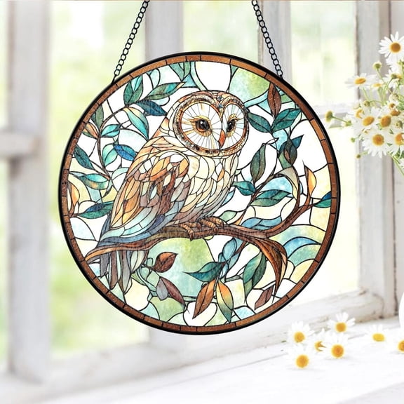 Owl Stained Glass Suncatcher, Woodland Bird Window Hanging, Rustic Fall Home Décor Accent