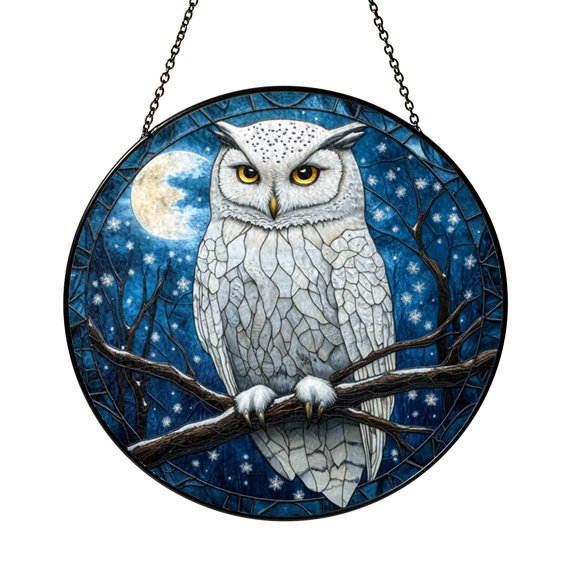 Owl Stained Glass Window Decor with Winter Bird Design, Wildlife Suncatcher Art, Nature Lover Hanging Ornament for Home Display