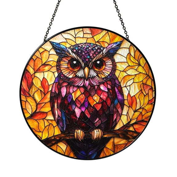 Owl Stained Glass Window Panel, Vibrant Autumn Bird Design, Nature Inspired Home Accent, Perfect Gift for Wildlife and Owl Lovers